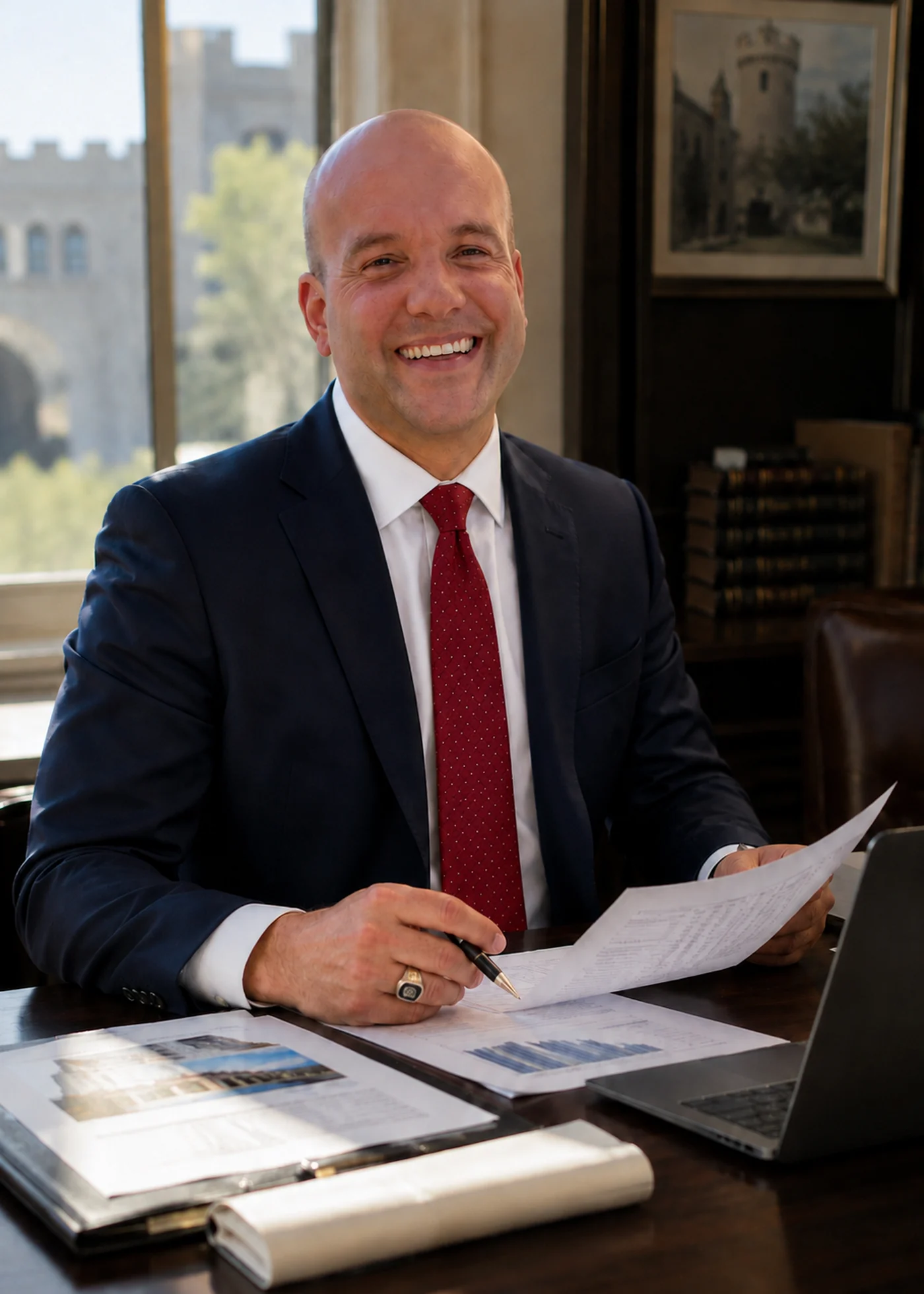 Brandon Kunasek reviewing documents at a desk with The Citadel barracks visible through the window